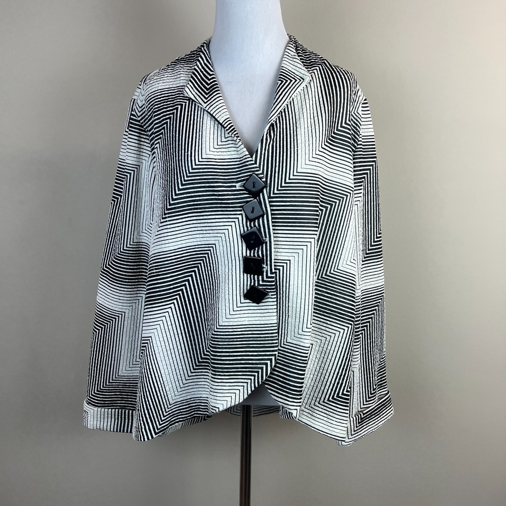 Yushi Jacket Womens L Black White Geometric Stripe Button Lagenlook Art To Wear